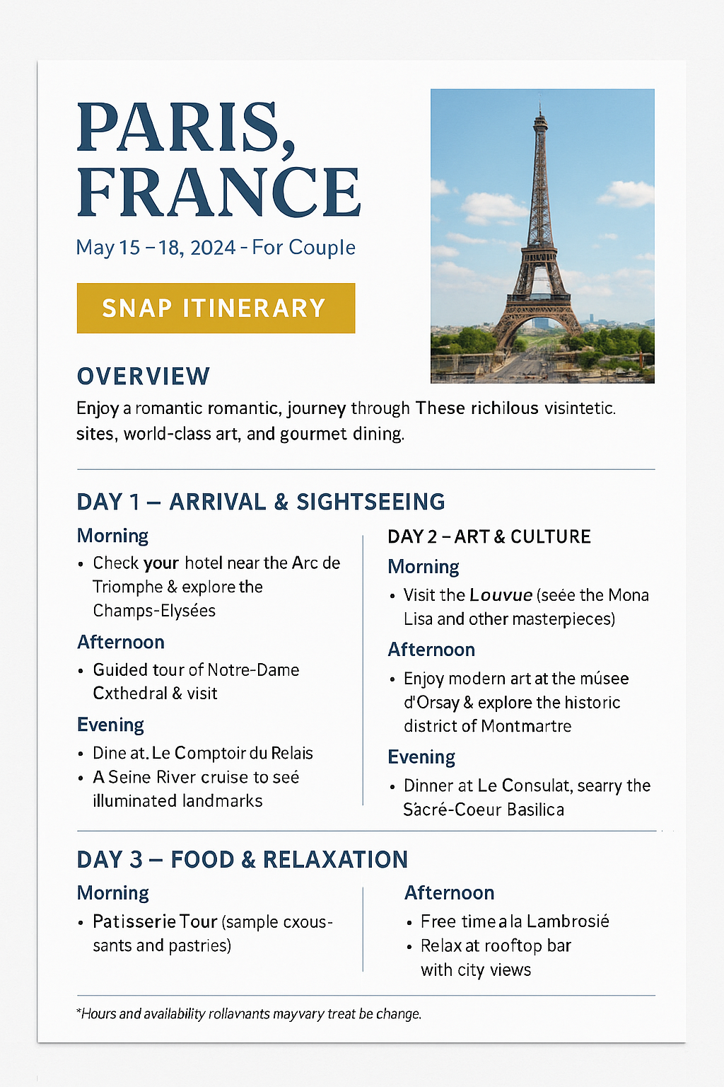 Paris Itinerary Example